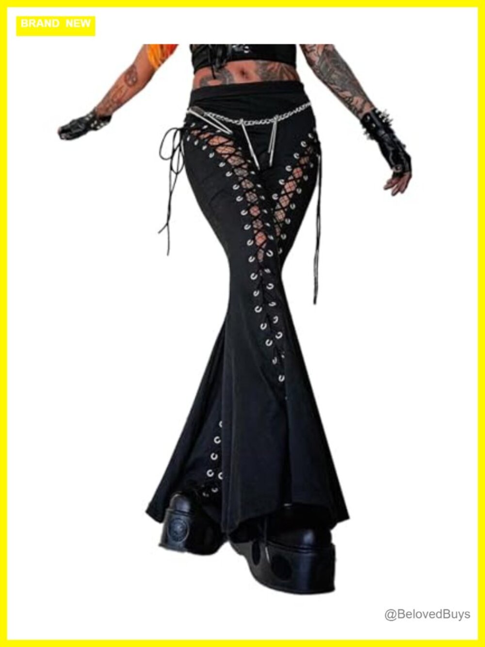 Women's Gothic Lace Up Flared Leggings Cutout Bell Bottom Pants Streetwear